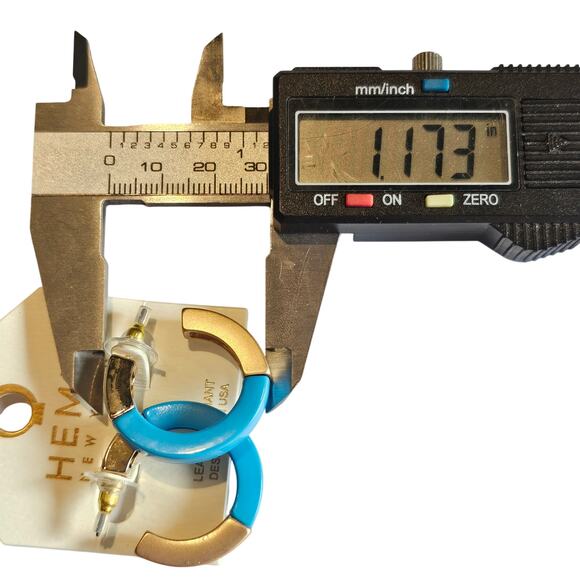 Hoop Earrings Blue, Gold Tone Chunky Acrylic 1.19" HEMU New York w/ Gift Bag - Picture 4 of 8